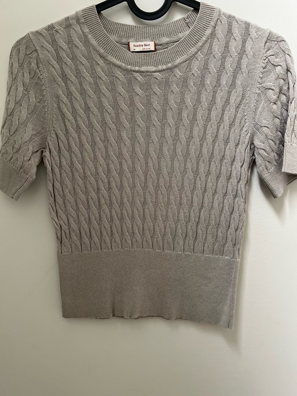 Aritzia Sunday Best Cable Knit Short Sleeve Sweater in Light Gray